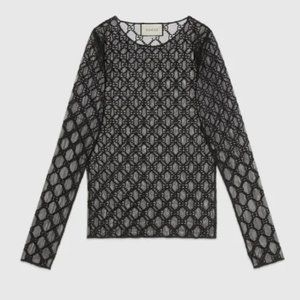 NWT Gucci Women's Black GG Embroidered Mesh Long Sleeved Top